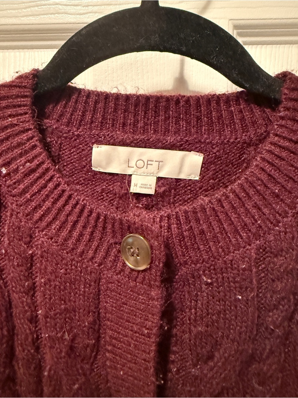 LOFT Cable-Knit Cardigan Sweater in Burgundy - Picture 2 of 3